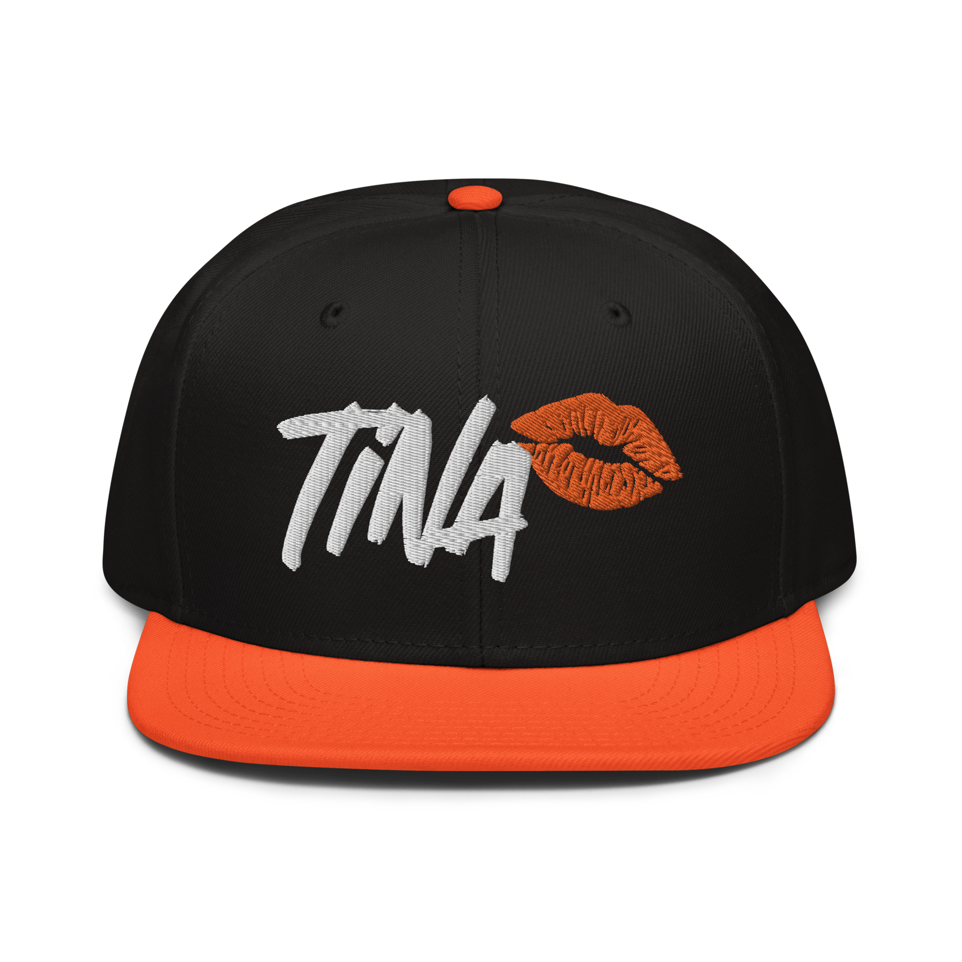 Front view of a black and orange bitcoin snapback hat.