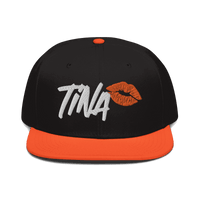 Front view of a black and orange bitcoin snapback hat.