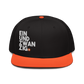 Front view of a black and orange bitcoin snapback hat.