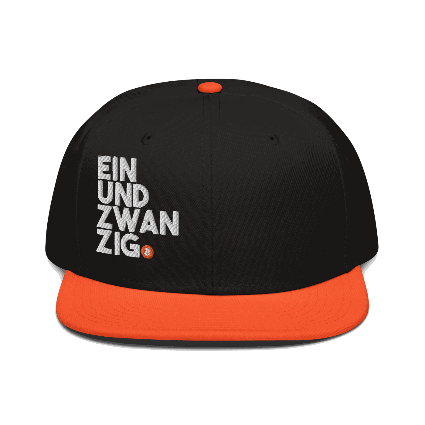 Black Bitcoin snapback hat with structured 6-panel design and grey under visor for Einundzwanzig movement