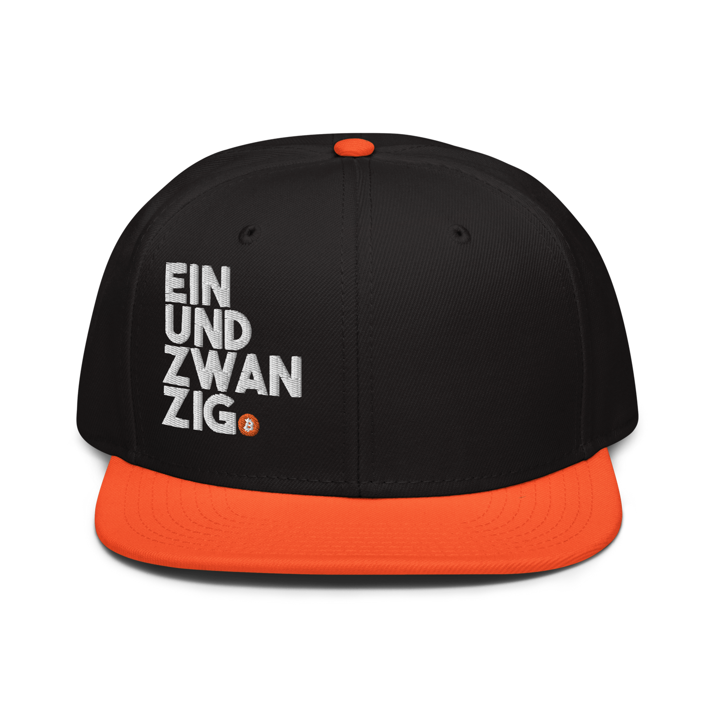 Front view of a black and orange bitcoin snapback hat.