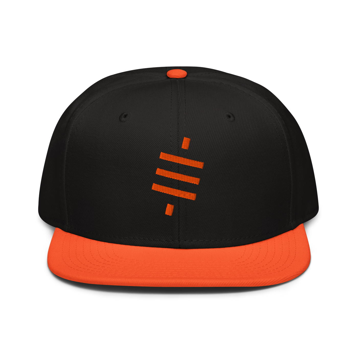 Sats Symbol bitcoin snapback hat in Orange / Black / Black, front view.