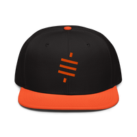 Sats Symbol bitcoin snapback hat in Orange / Black / Black, front view.