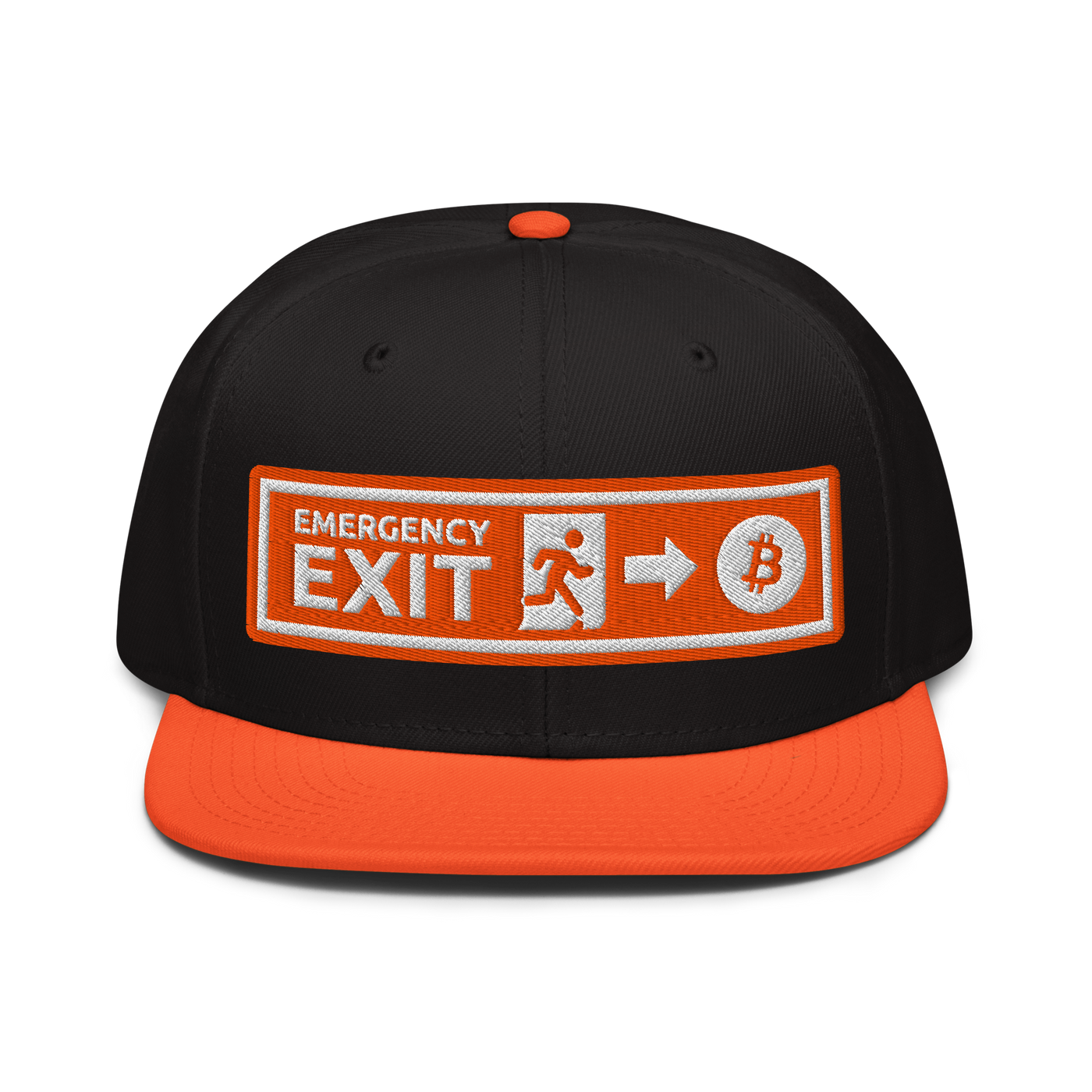 Emergency Exit bitcoin snapback hat in Orange / Black / Black, front view.