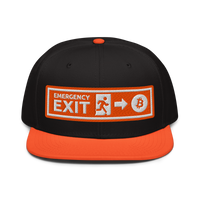 Emergency Exit bitcoin snapback hat in Orange / Black / Black, front view.