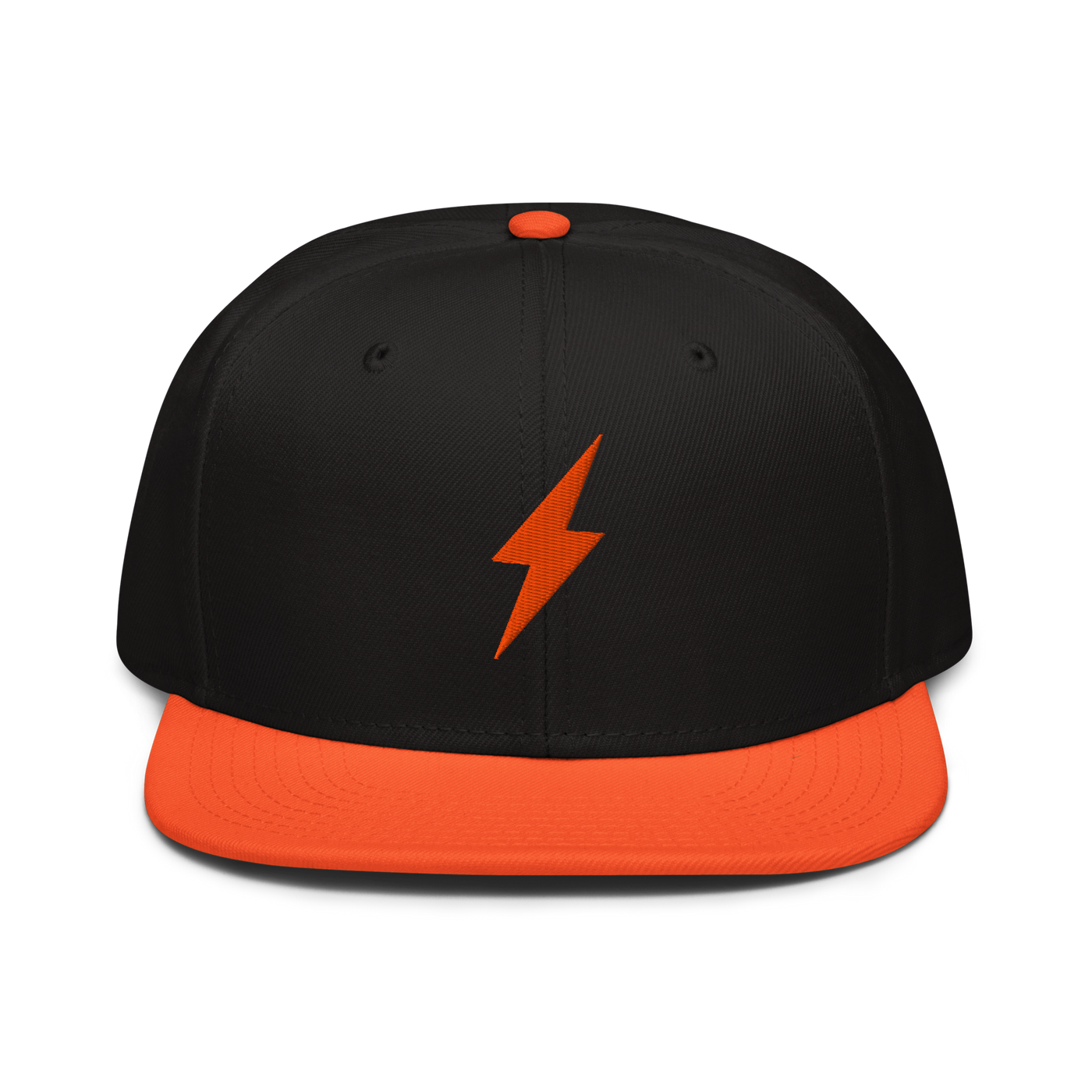 Lightning bitcoin snapback hat in Orange / Black / Black, front view.