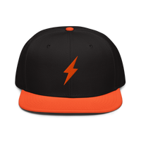 Lightning bitcoin snapback hat in Orange / Black / Black, front view.