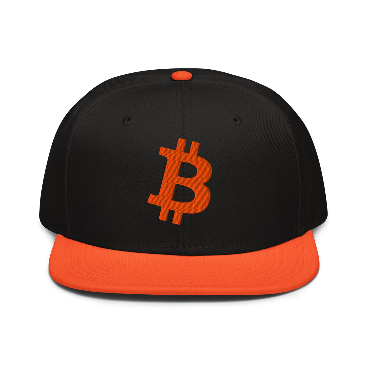Bitcoin B bitcoin snapback hat in Orange / Black / Black, front view.