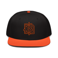 Circuit Board bitcoin snapback hat in Orange / Black / Black, front view.