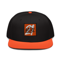 21 Rebel bitcoin snapback hat in Orange / Black / Black, front view.