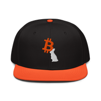 White Rabbit bitcoin snapback hat in Orange / Black / Black, front view.
