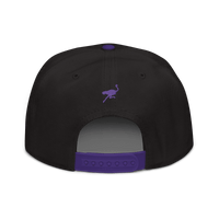 Back view of a black and purple nostr snapback hat.