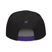 Back view of a black and purple nostr snapback hat.