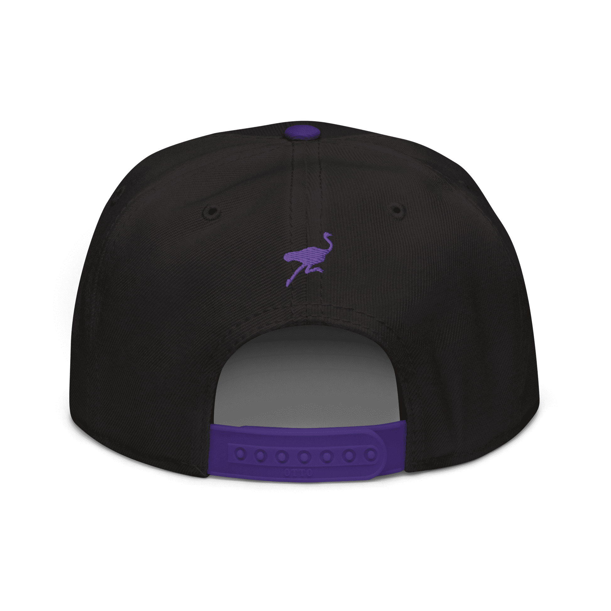 Back view of a black and purple nostr snapback hat.