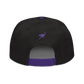 Back view of a black and purple nostr snapback hat.