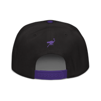Back view of a black and purple nostr snapback hat.
