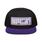 Front view of a black and purple nostr snapback hat.