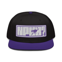 Front view of a black and purple nostr snapback hat.