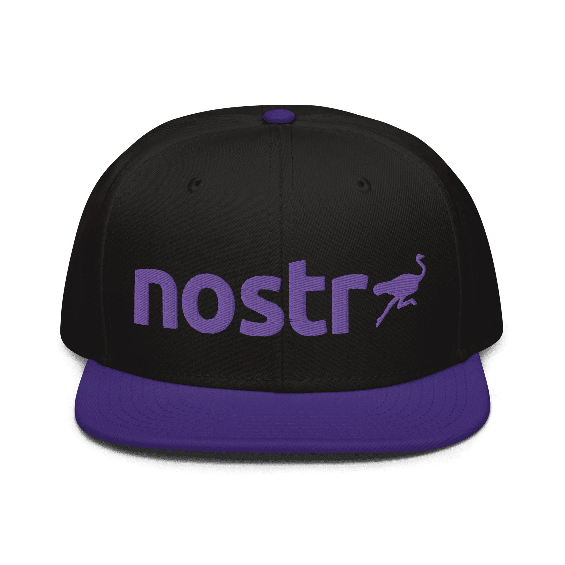 Front view of a black and purple nostr snapback hat.