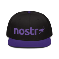 Front view of a black and purple nostr snapback hat.