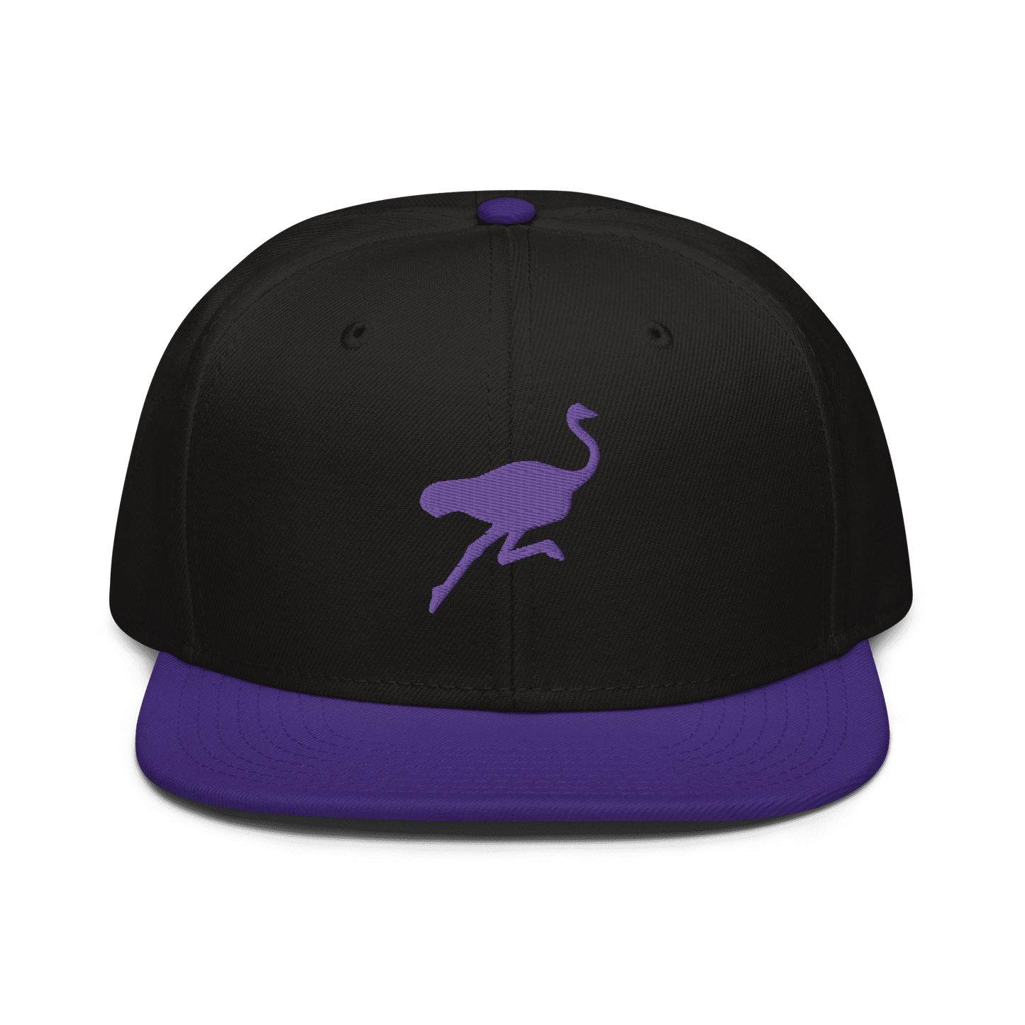 Front view of a black and purple nostr snapback hat.