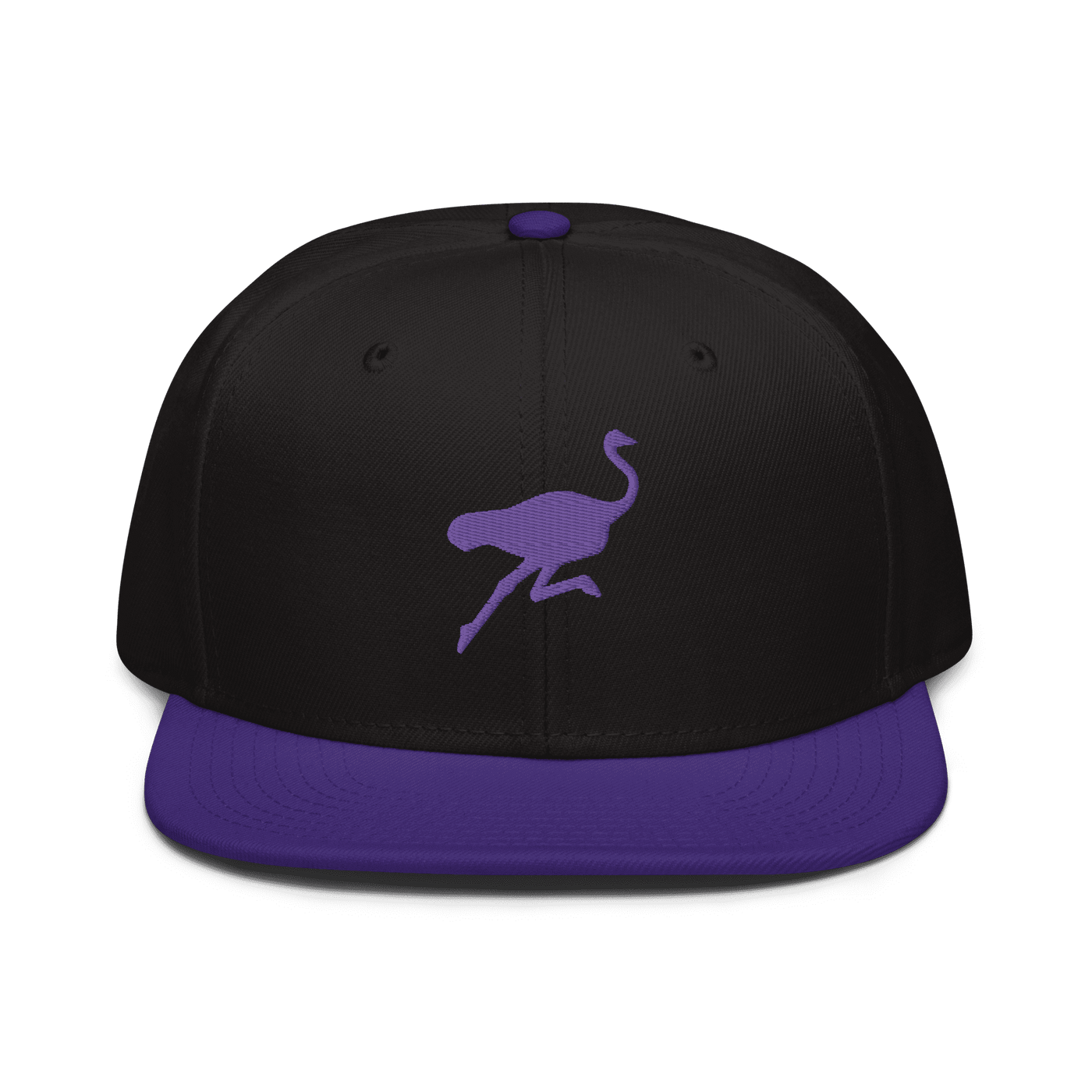 Front view of a black and purple nostr snapback hat.