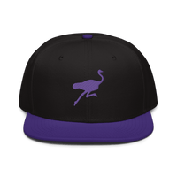 Front view of a black and purple nostr snapback hat.