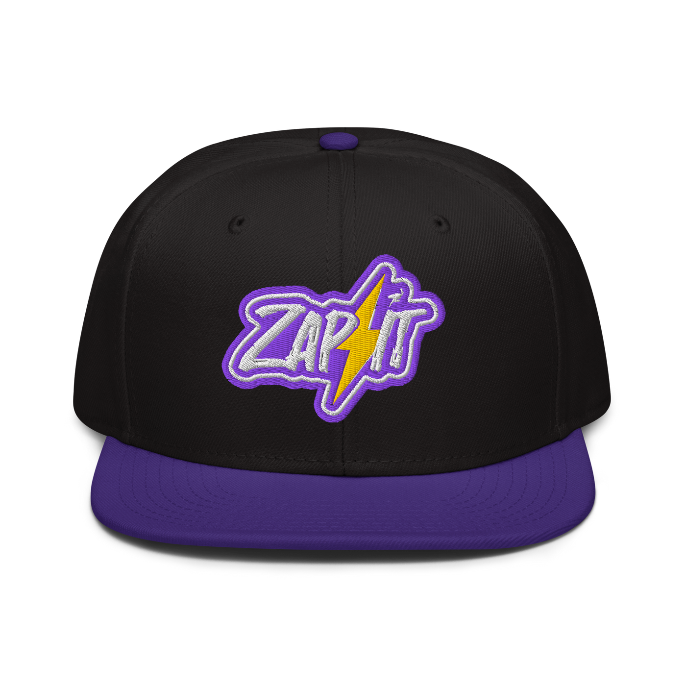 Zap It nostr snapback hat in Purple / Black / Black, front view.