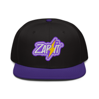 Zap It nostr snapback hat in Purple / Black / Black, front view.
