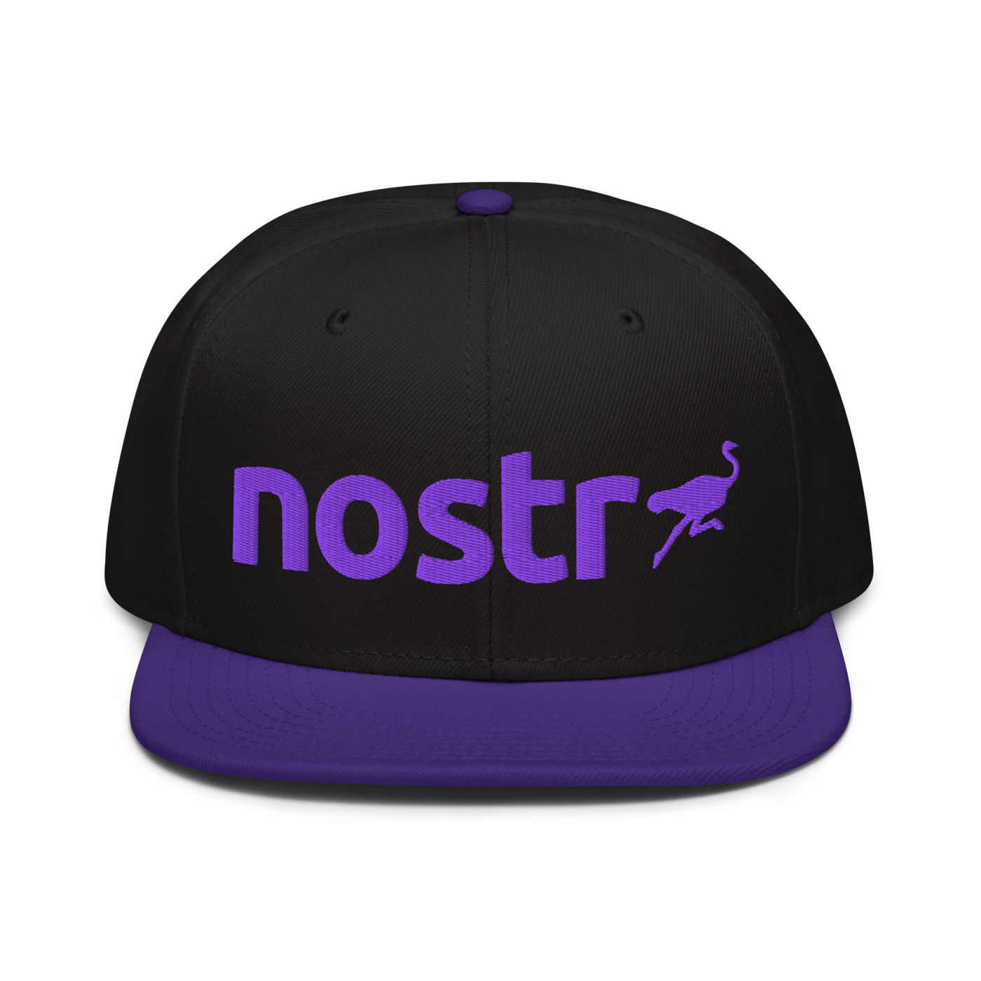 Nostr nostr snapback hat in Purple / Black / Black, front view.