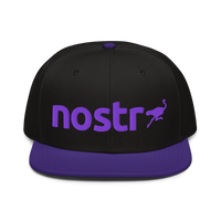 Nostr nostr snapback hat in Purple / Black / Black, front view.