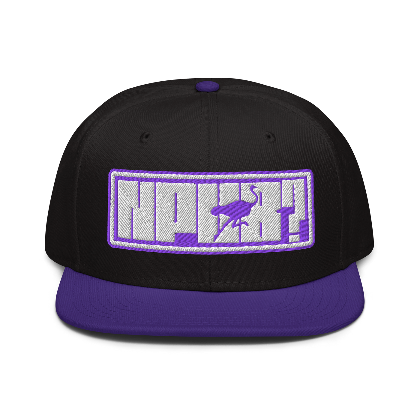 nPub? nostr snapback hat in Purple / Black / Black, front view.