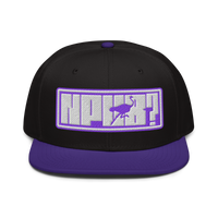 nPub? nostr snapback hat in Purple / Black / Black, front view.