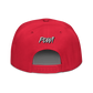 Back view of a red bitcoin snapback hat.