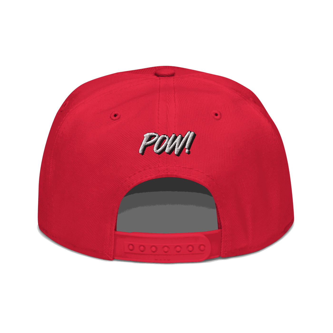 Back view of a red bitcoin snapback hat.