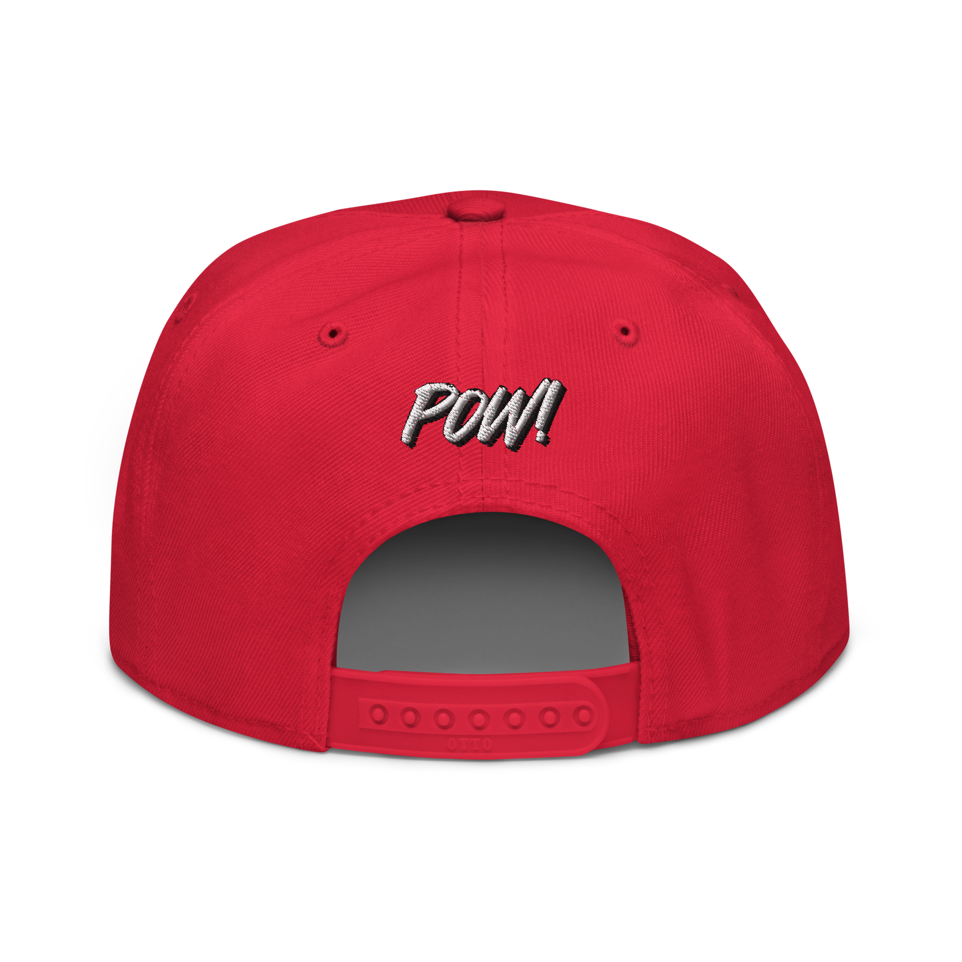 Back view of a red bitcoin snapback hat.