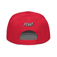 Back view of a red bitcoin snapback hat.