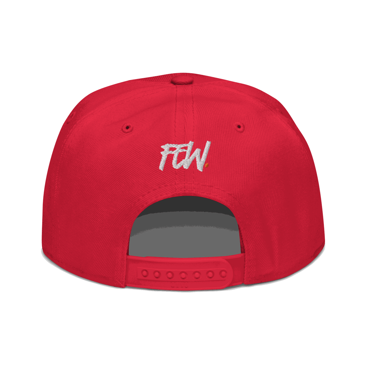Back view of a red bitcoin snapback hat.