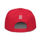 Back view of a red bitcoin snapback hat.
