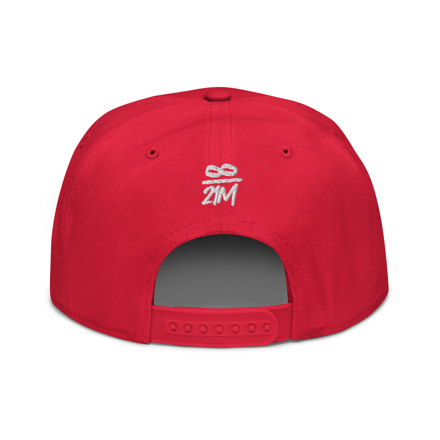 Back view of a red bitcoin snapback hat.