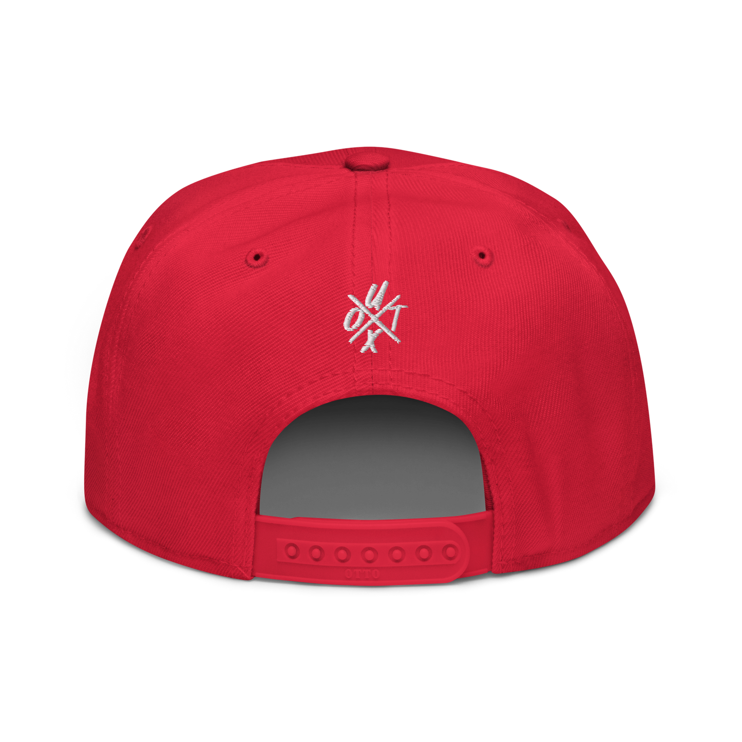 Back view of a red bitcoin snapback hat.