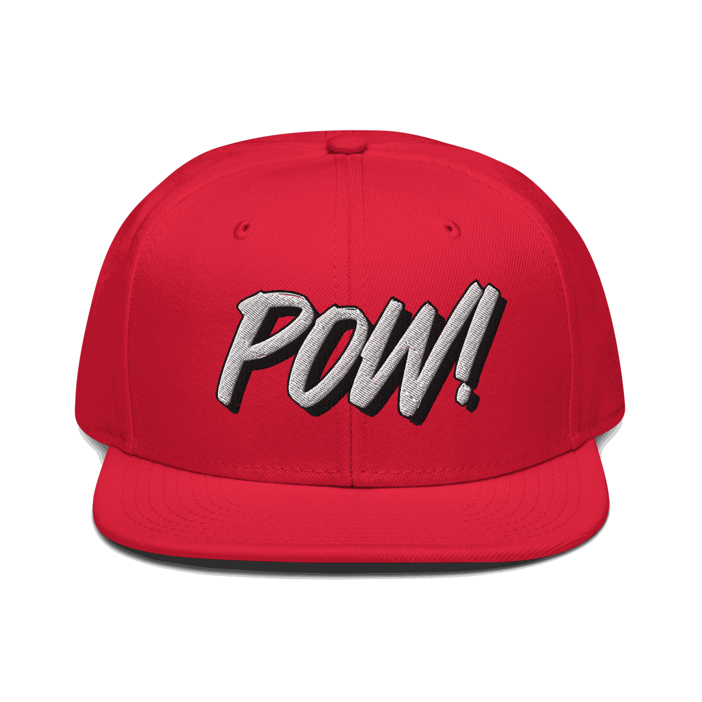 Front view of a red bitcoin snapback hat.