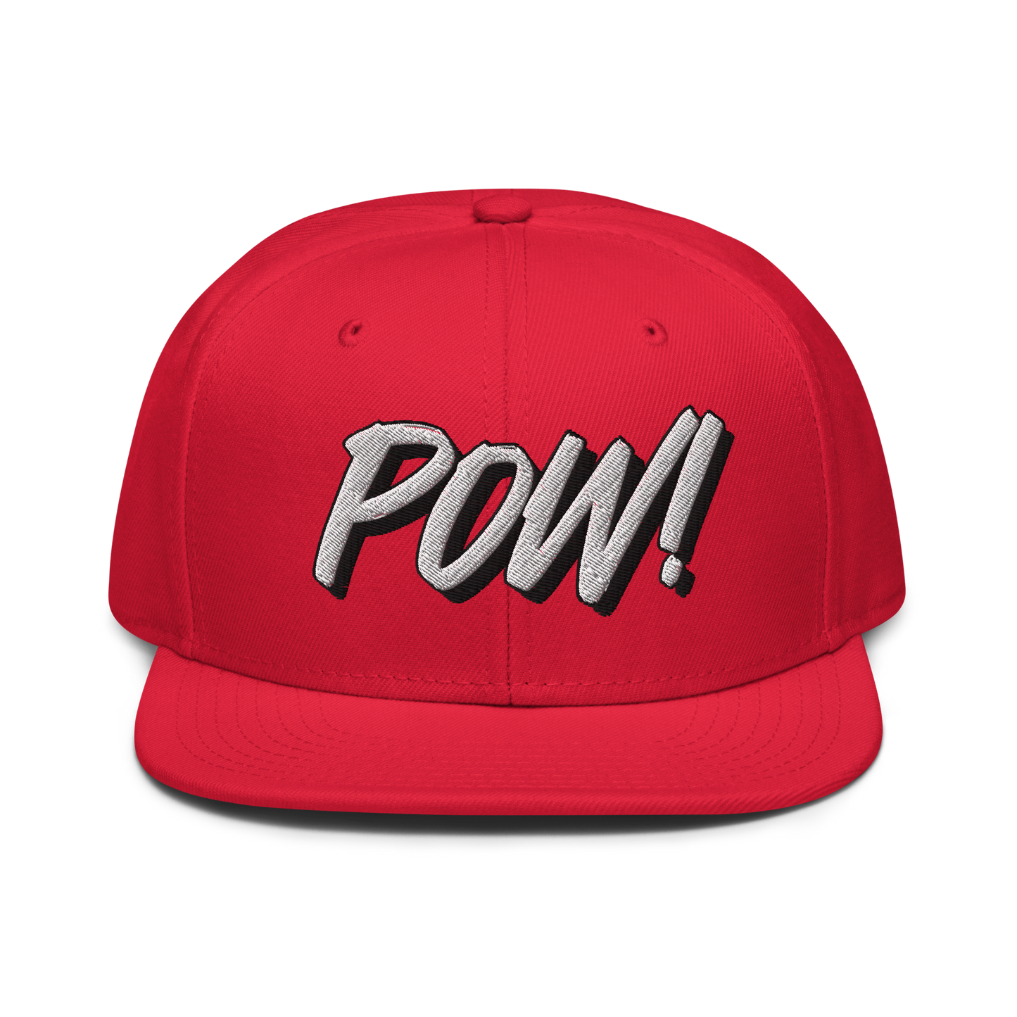 Front view of a red bitcoin snapback hat.