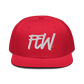 Front view of a red bitcoin snapback hat.