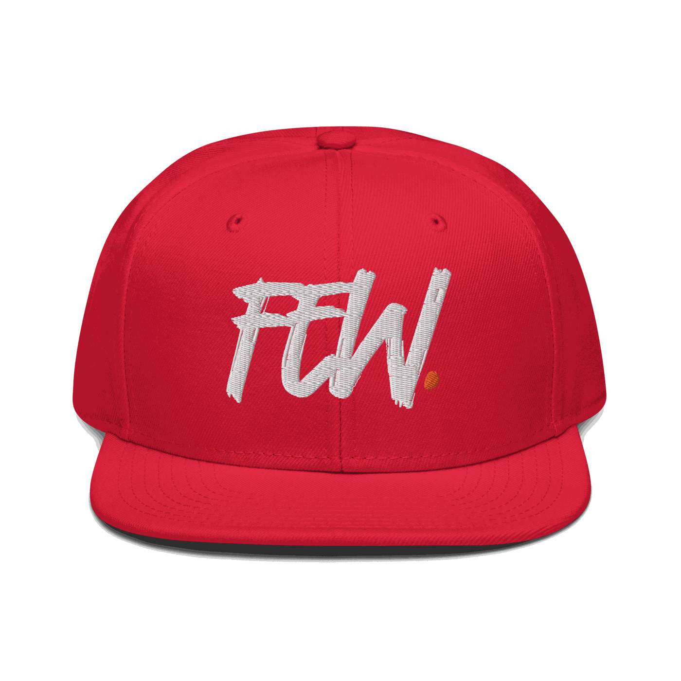 Front view of a red bitcoin snapback hat.