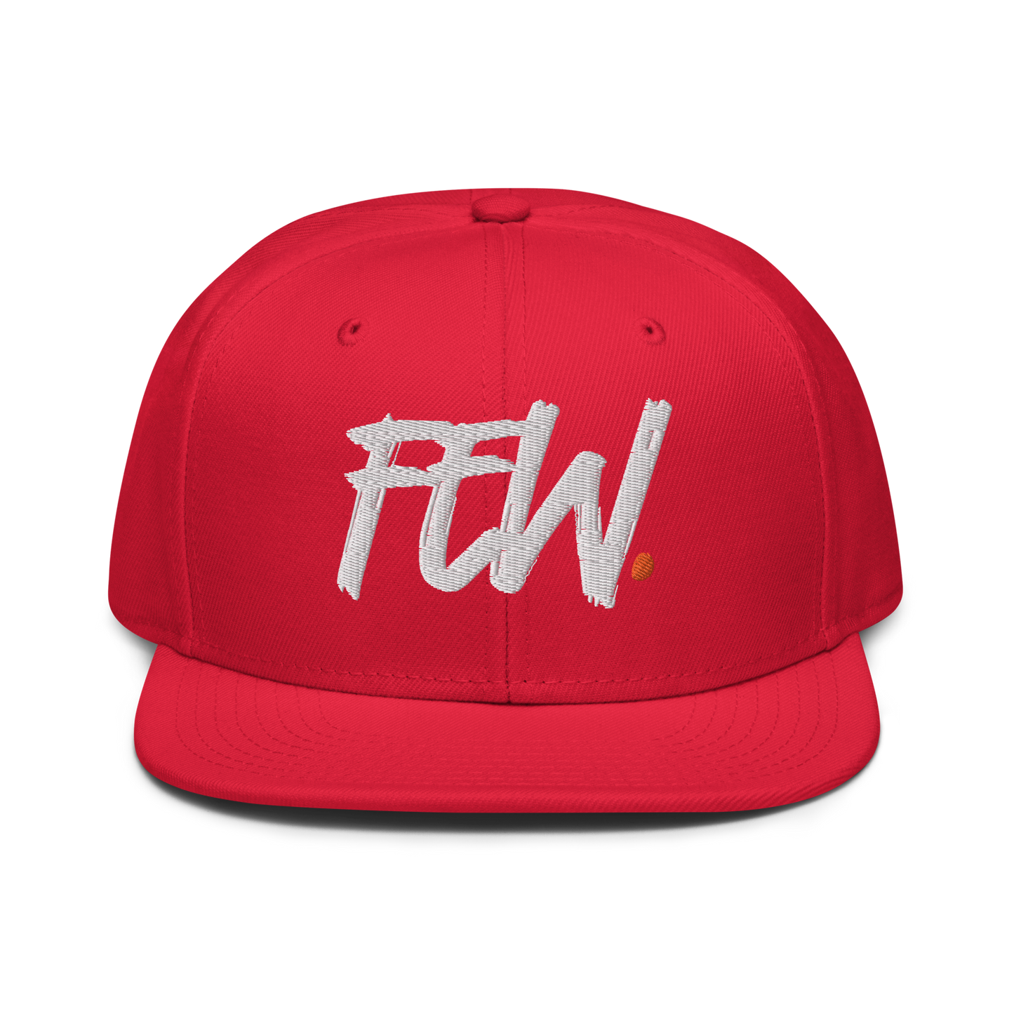 Front view of a red bitcoin snapback hat.