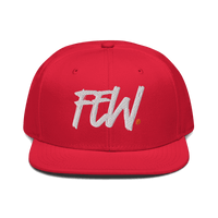 Front view of a red bitcoin snapback hat.