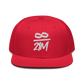 Front view of a red bitcoin snapback hat.
