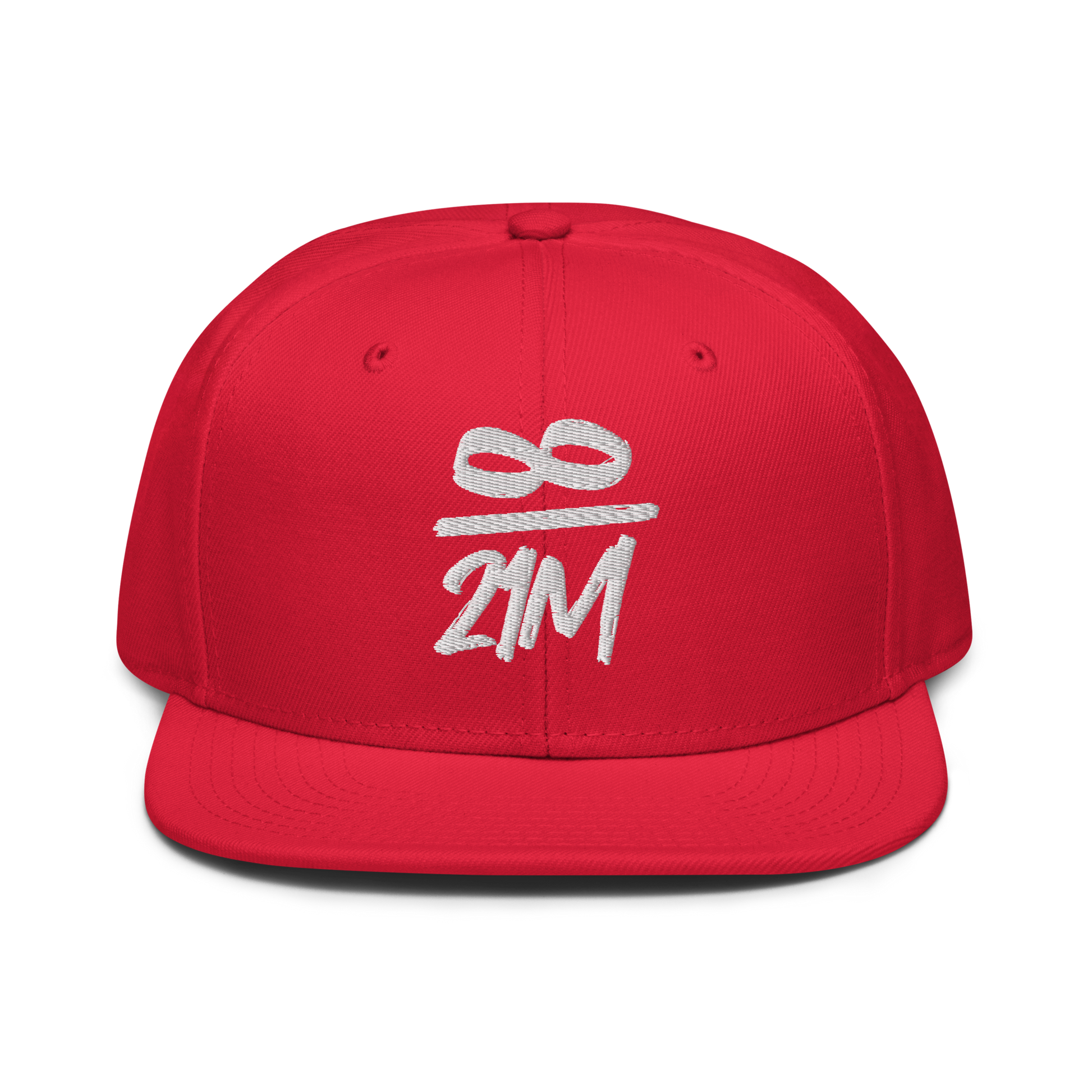Front view of a red bitcoin snapback hat.