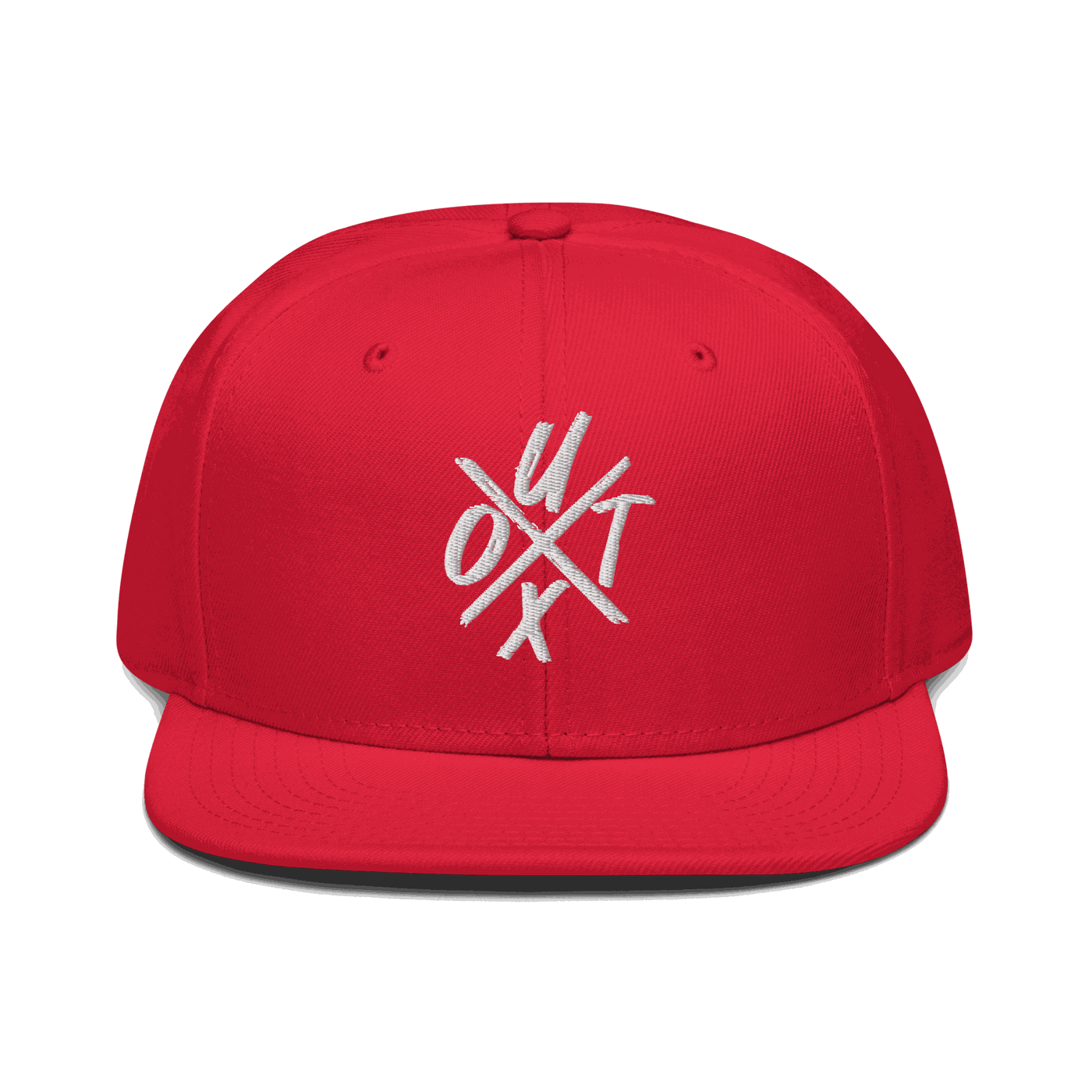 Front view of a red bitcoin snapback hat.